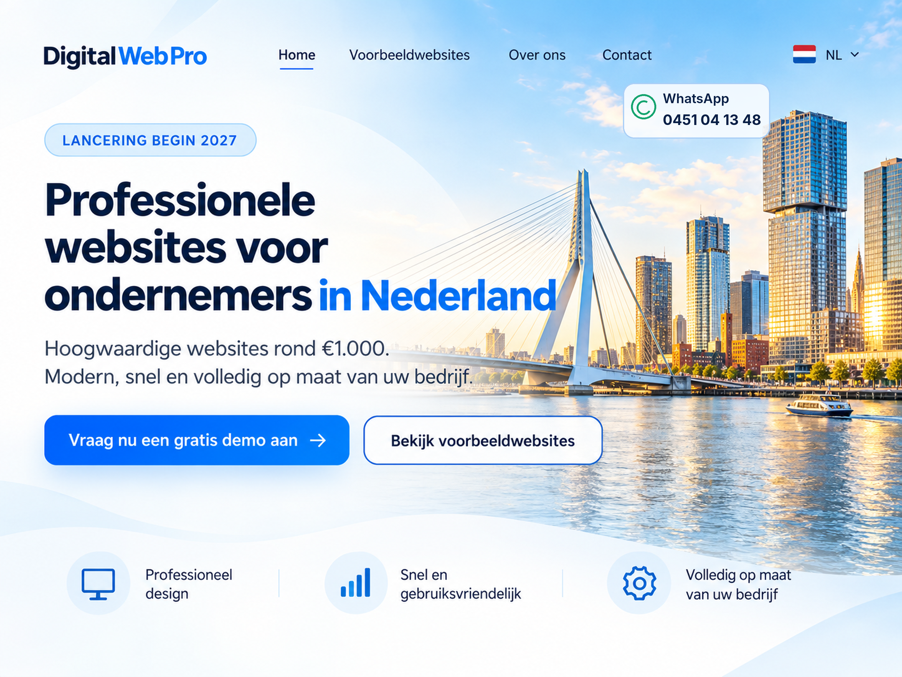 Digital Web Pro Nederland. Lancering begin 2027. Professionele websites voor ondernemers in Nederland. WhatsApp 0451 04 13 48.